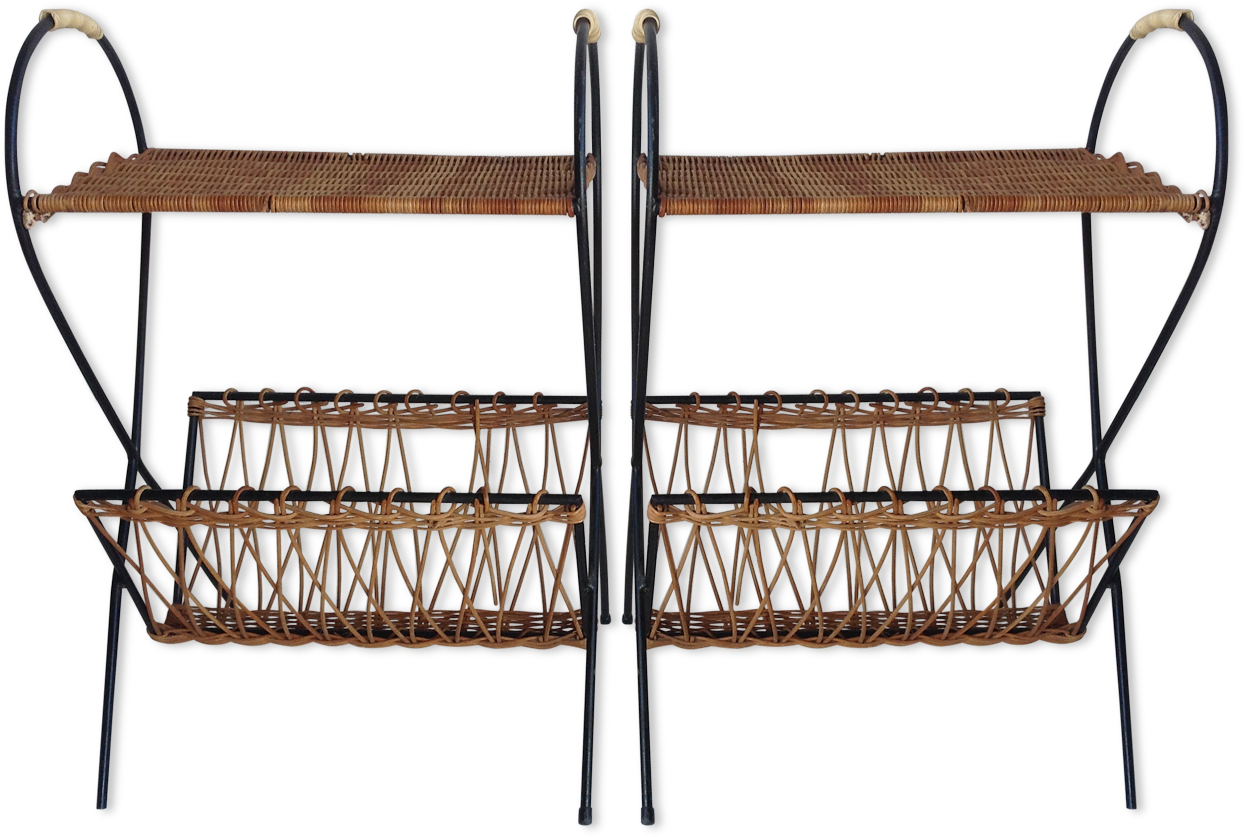 Pair Of Nightstands In Rattan And Metal Clipart (1457x1457), Png Download