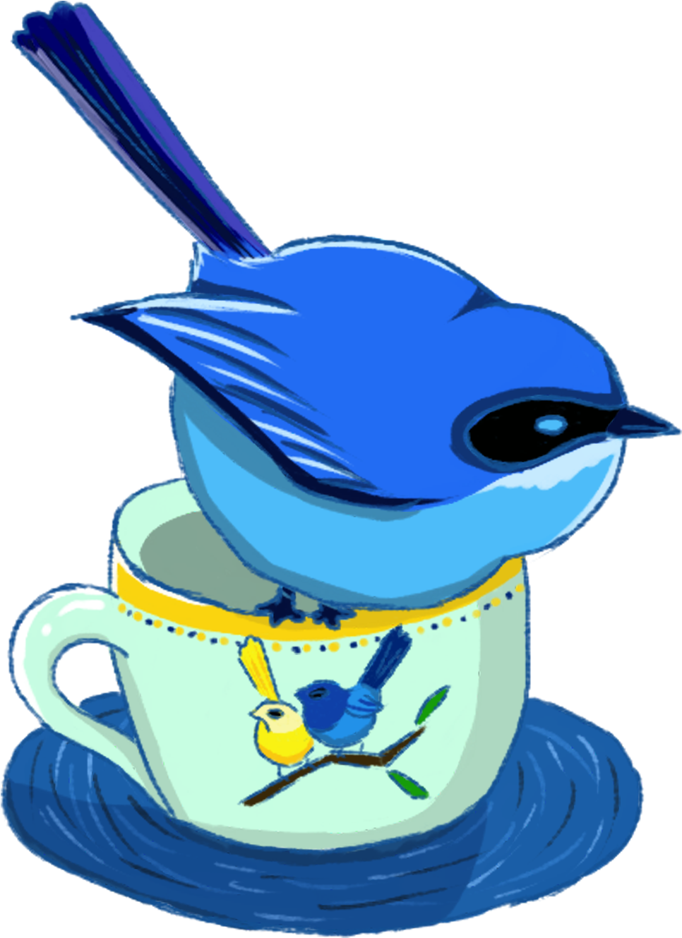 Blue Purple Bird Teacup Hand Drawn Png And Psd Clipart (2000x2000), Png Download