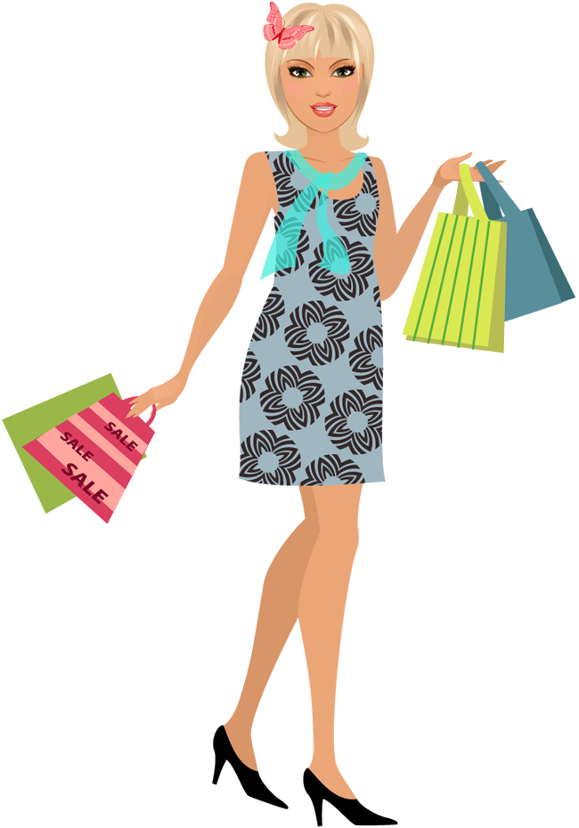 Cartoon Young Woman Holding Shopping Bags - Cartoon Woman With Shopping Bags Clipart (650x930), Png Download