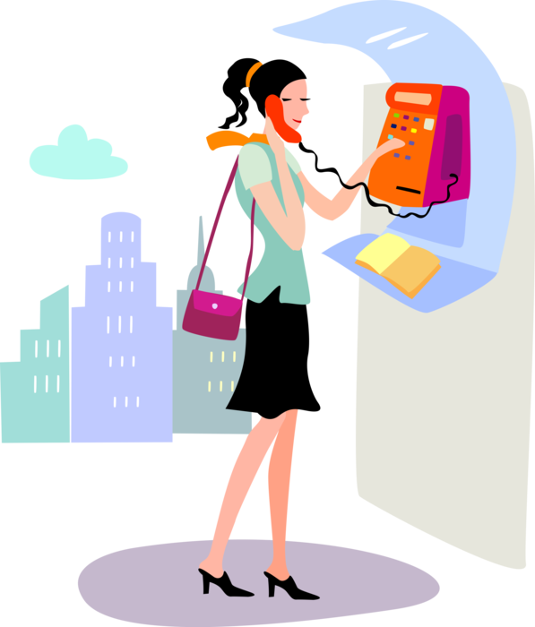 Vector Illustration Of Young Woman Makes Call From - Illustration Clipart (597x700), Png Download