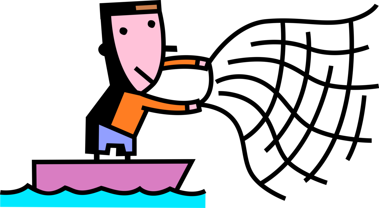 Vector Illustration Of Sport Fisherman Angler Throws - Cartoon Fisherman With Net Clipart (1277x700), Png Download