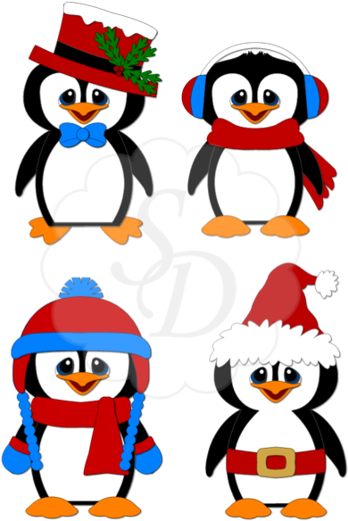 Christmas Penguins - Cartoon Clipart (600x600), Png Download