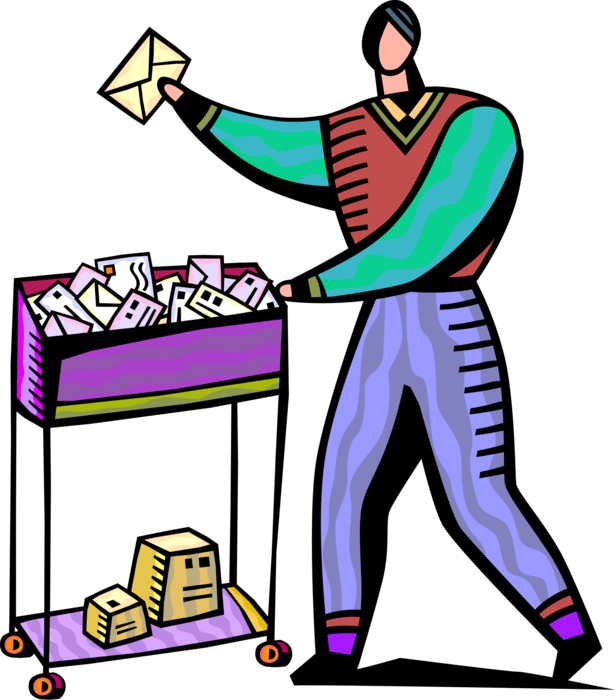 Vector Illustration Of Mailroom Office Worker Delivers Mail Cart