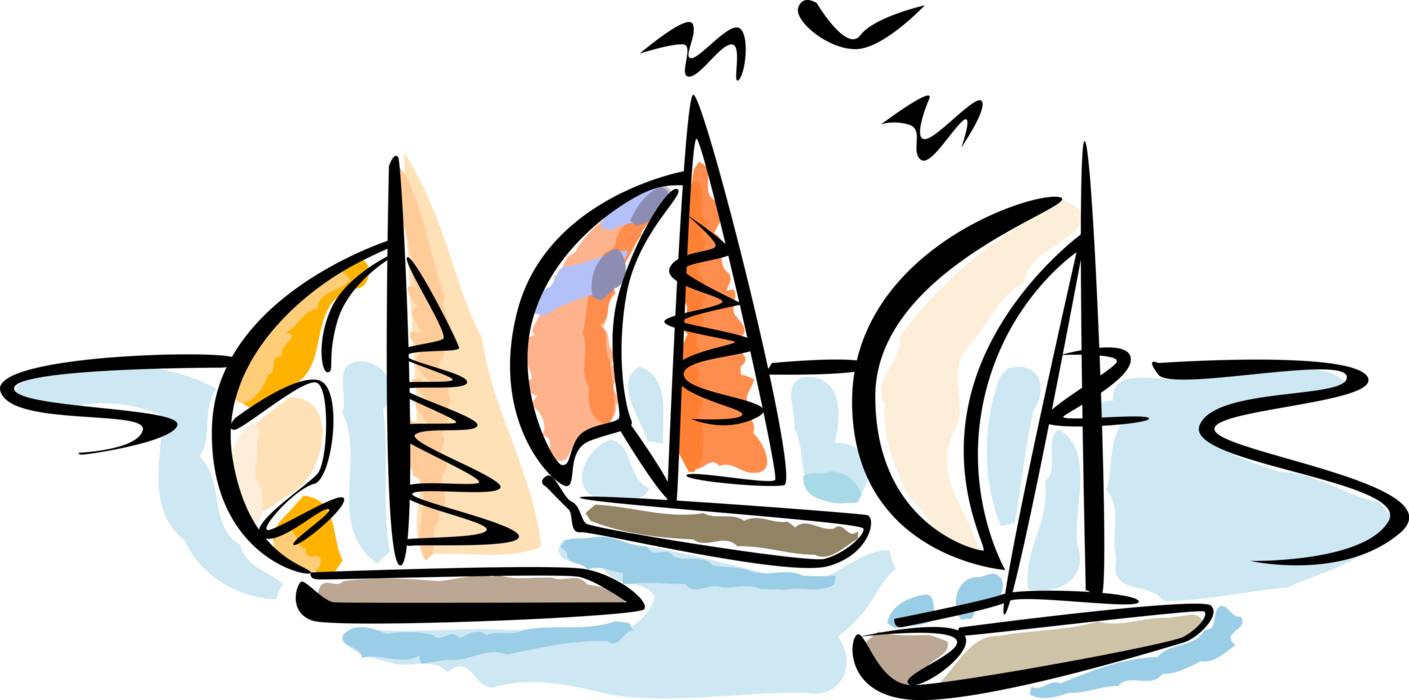 Under Sail On Sunny Day Image Illustration Clipart (1409x700), Png Download