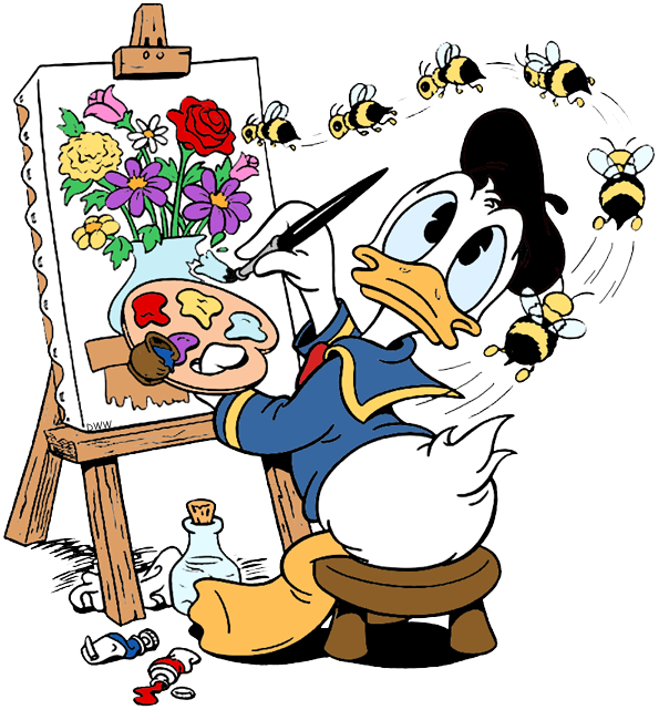 Donald Painting Flowers, Attracted By Bees - Cartoon Clipart (595x641), Png Download