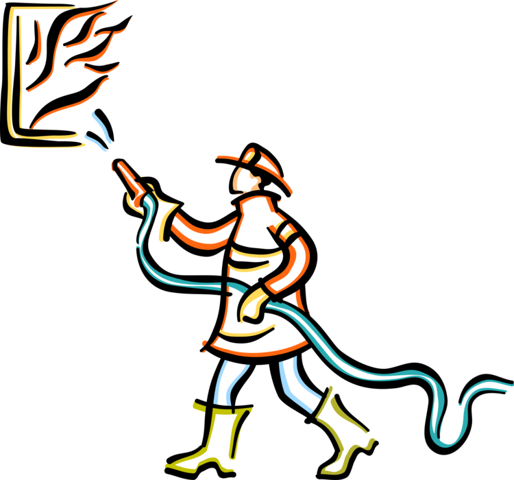 Vector Illustration Of Firefighter Fireman Fights Blazing - Cartoon Fireman Putting Out Fire Clipart (750x700), Png Download