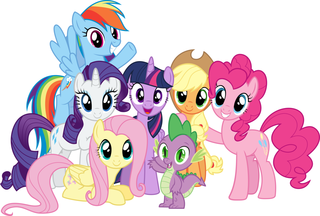 Alicorn, Applejack, Artist Needed, Dragon, Fluttershy, - Mlp Mane 6 And Spike Clipart (1087x734), Png Download