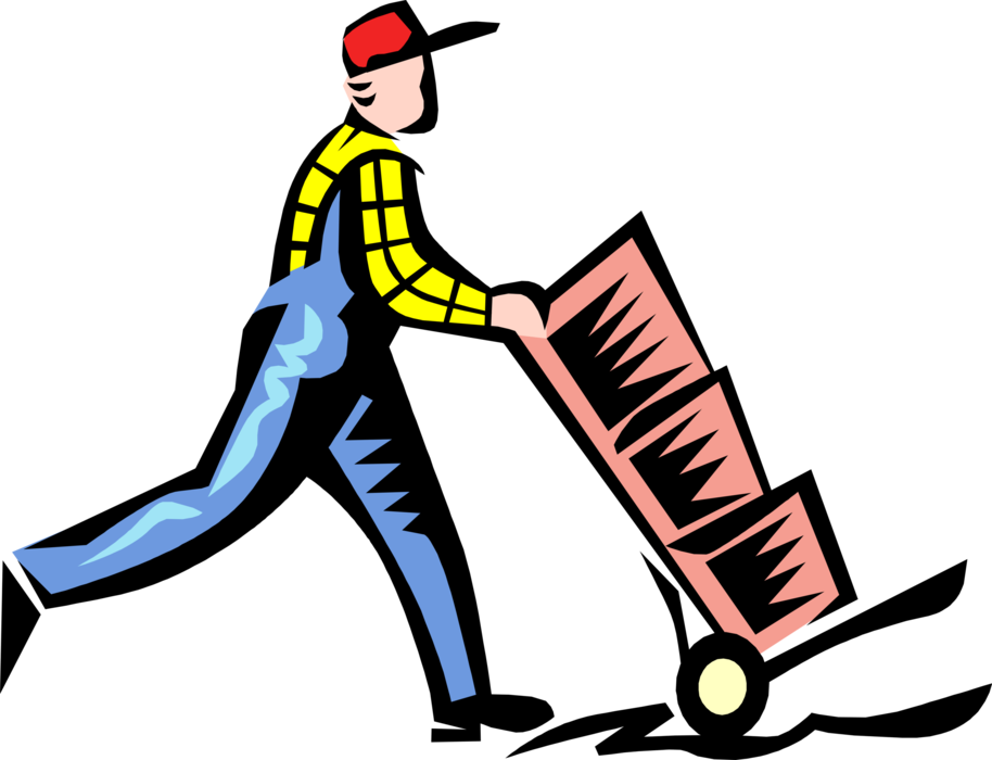 Vector Illustration Of Warehouse Worker Pushes Handcart - Newton's Second Law Of Motion Clipart (914x700), Png Download
