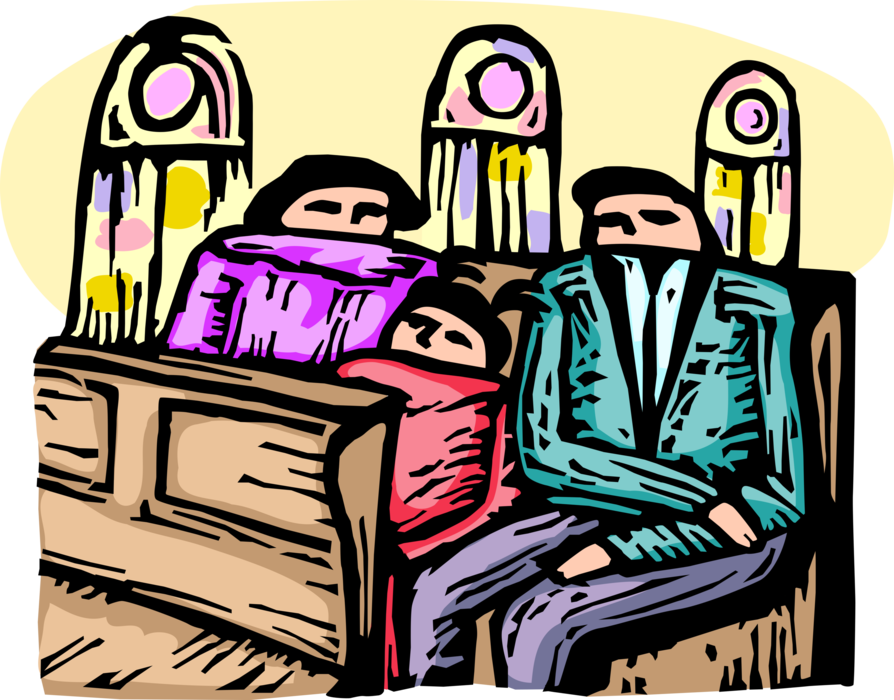 Vector Illustration Of Family Parishioners Sit In Church Clipart (894x700), Png Download