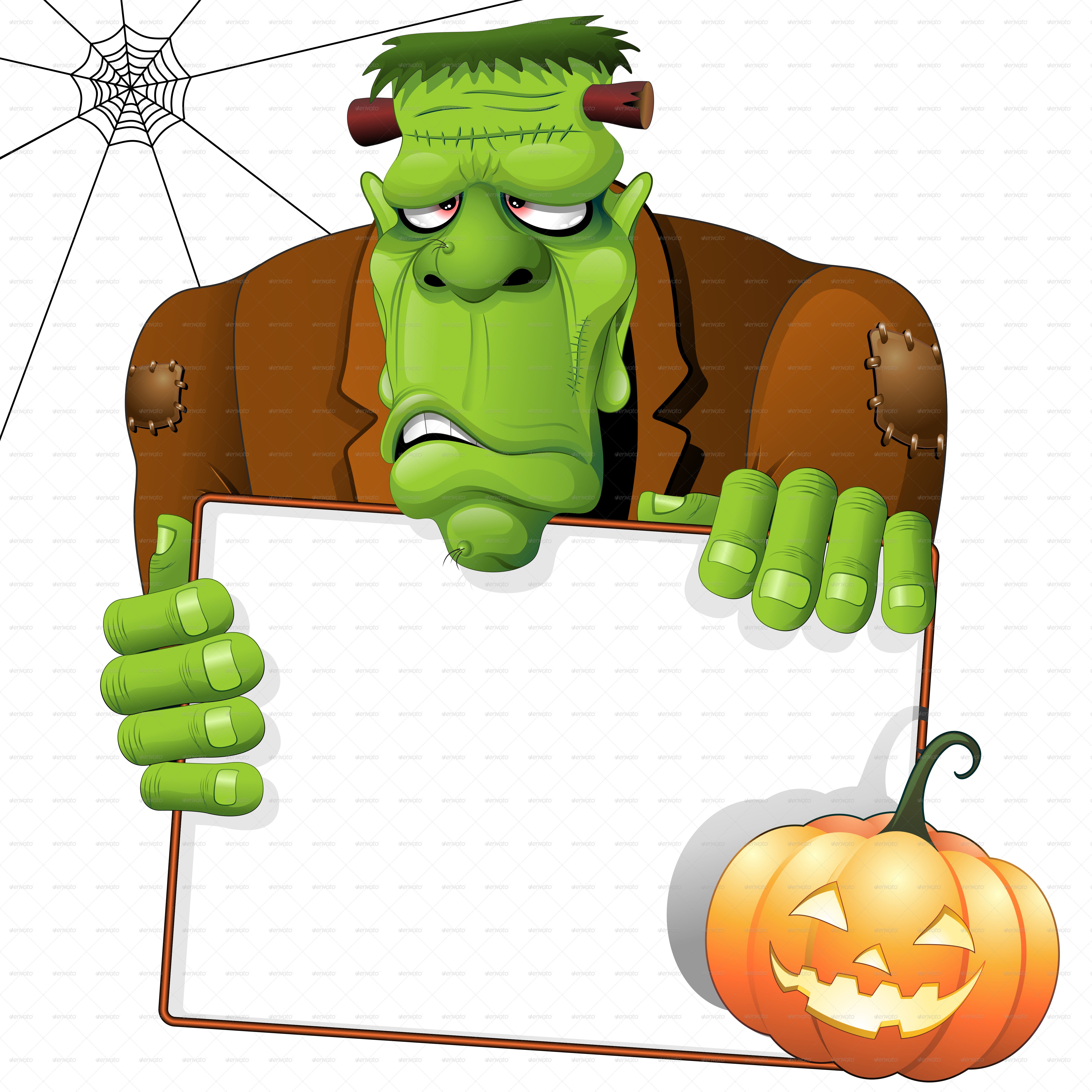 Frankenstein Cartoon With White Panel And Pumpkin By Clipart (5000x5000), Png Download