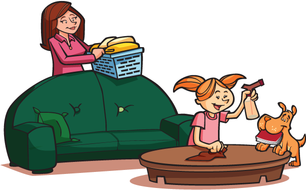 Mom And Daughter Doing Chores - Doing Chores Cartoon Png Clipart (620x400), Png Download