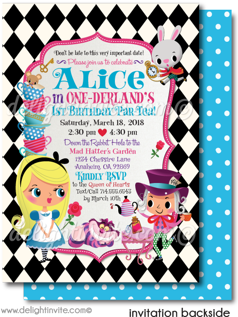 Alice In Onederland 1st Birthday Tea Party Invitations - Alicia En El Pais De Las Maravillas Tarjetas De Invitacion Clipart (497x675), Png Download