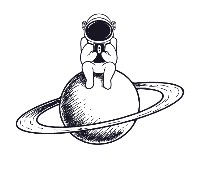 Astronaut Looking At Phone While Sitting On A Ringed - Cartoon Clipart (672x574), Png Download
