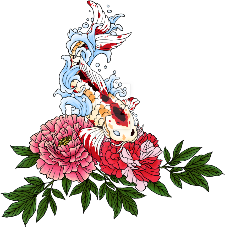 Koi Peony Tattoo Clipart (859x868), Png Download