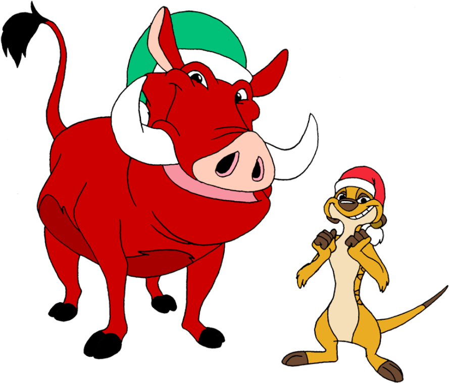 Timon And Pumbaa Celebrating Christmas - Merry Christmas Timon And Pumbaa Clipart (903x768), Png Download