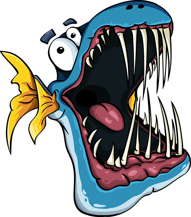 Fish Toothy Jaw Fun Character Sea Colorful Blue - Fish Cartoon Clipart (632x720), Png Download