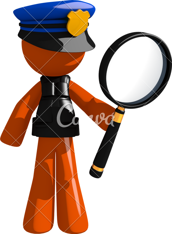 Orange Man Police Officer Holding Magnifying Glass Clipart (589x800), Png Download
