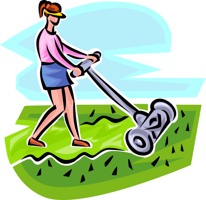 Clip Art Lawn Mowers Illustration Vector Graphics Image - Old Woman Mowing Lawn Clipart - Png Download (722x700), Png Download