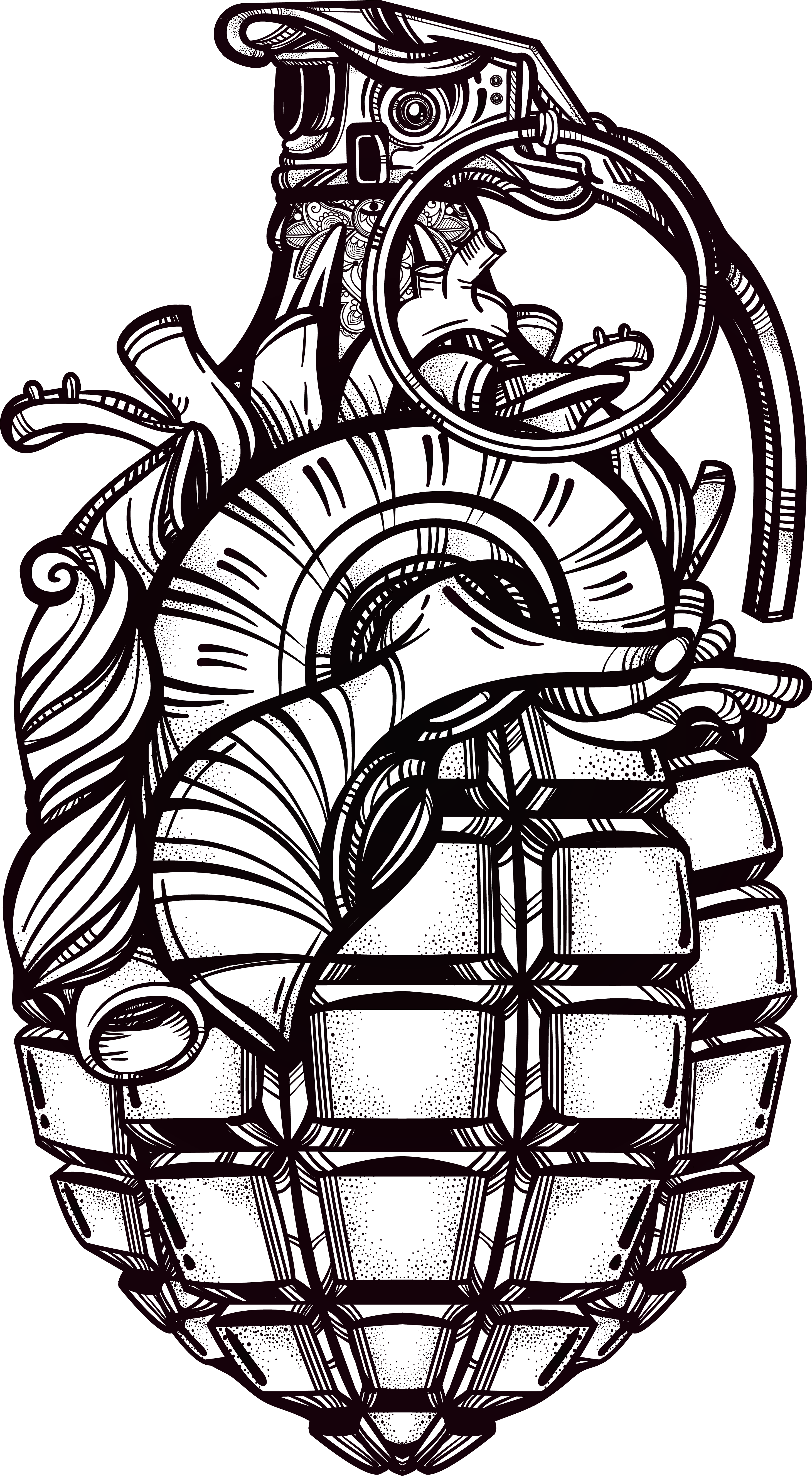 Drawn Grenade Tribal - Grenade Heart Tattoo Clipart (2918x5303), Png Download