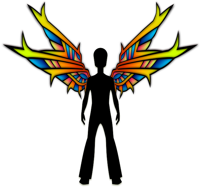 Angel, Colorful, Male, Silhouette, Stylised, Wings - Rainbow Angel Silhouette Clipart (640x595), Png Download