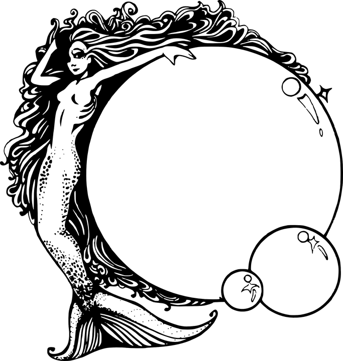 Mermaid Bubbles Sexy Cartoon Sea Water Mermaid Border- - Mermaid Clipart Black And White - Png Download (683x720), Png Download