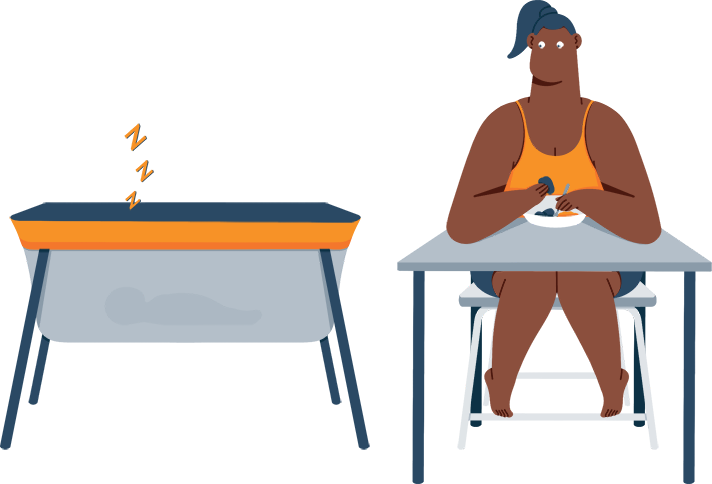 Mom Having A Lunch While Baby Is Sleeping In A Portable - End Table Clipart (712x484), Png Download