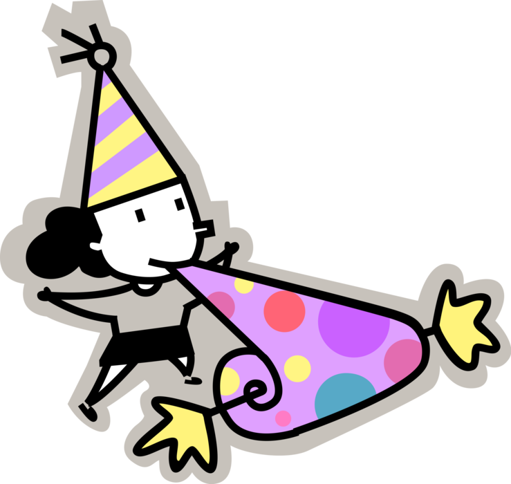 Vector Illustration Of Birthday Girl In Party Hat Blows - Cartoon Blowing Noisemaker Clipart (739x700), Png Download