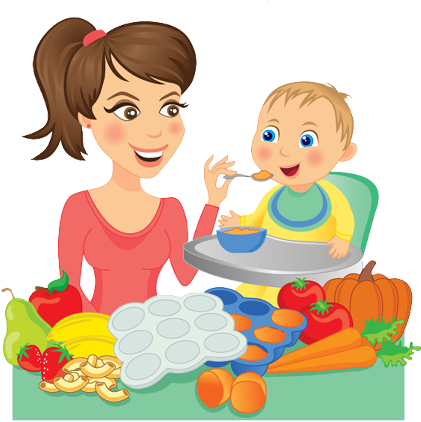 Nutrition Child Frames Illustrations - Mother Eating Baby Clipart - Png Download (1450x1489), Png Download