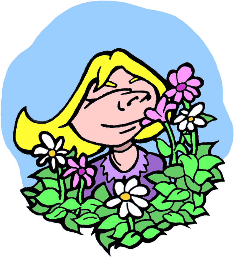 Drawing Of Blond Girl Smelling Pink And White Flowers Clipart (1100x910), Png Download