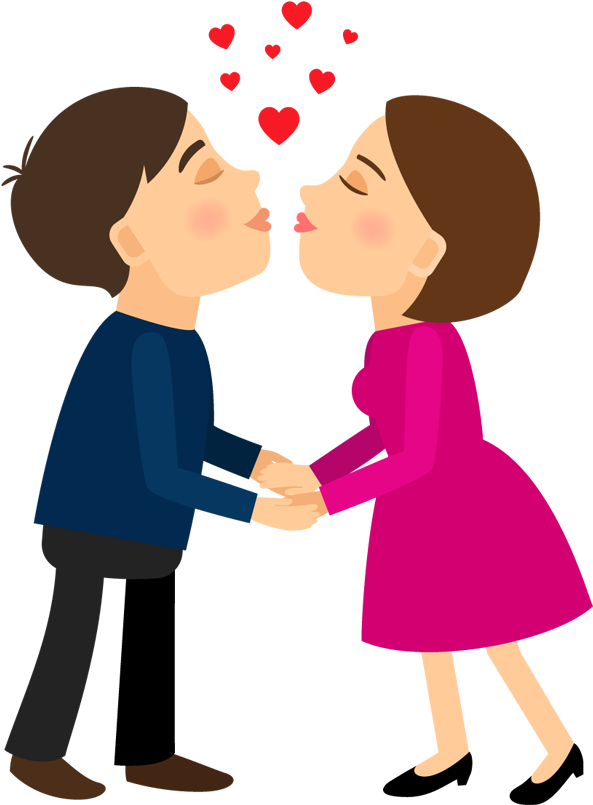 Young Couple Holding Hands And Kissing - Cartoon Kissing Couple Png Clipart (593x805), Png Download