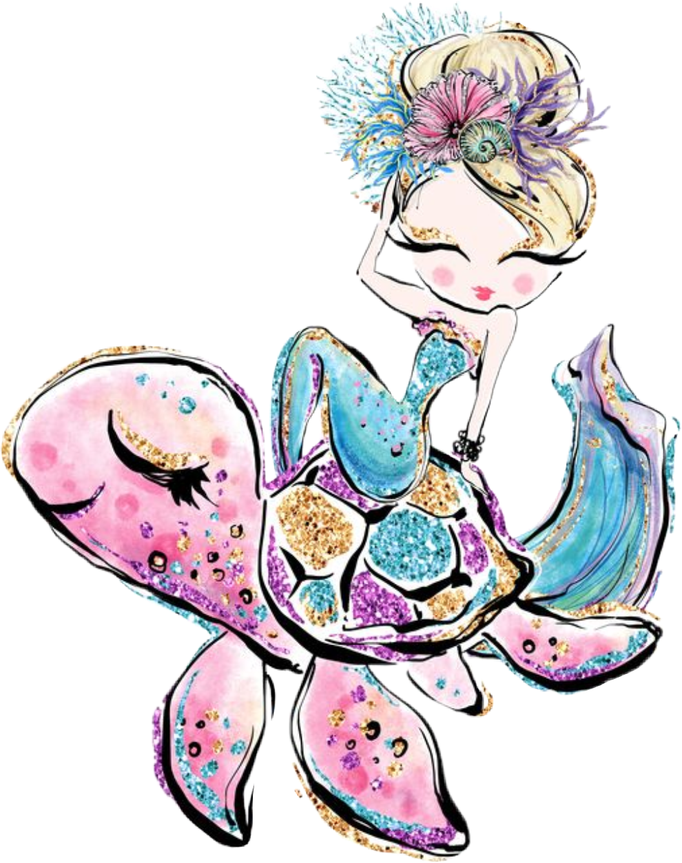 #watercolor #mermaid #seaturtle #friends #teal #purple - Adeline Mermaid Clipart (990x1252), Png Download