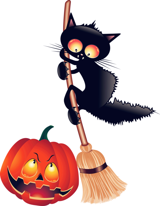 Vintage Black Cat Halloween Clipart Image Transparent - Halloween Witch On A Broom - Png Download (624x800), Png Download