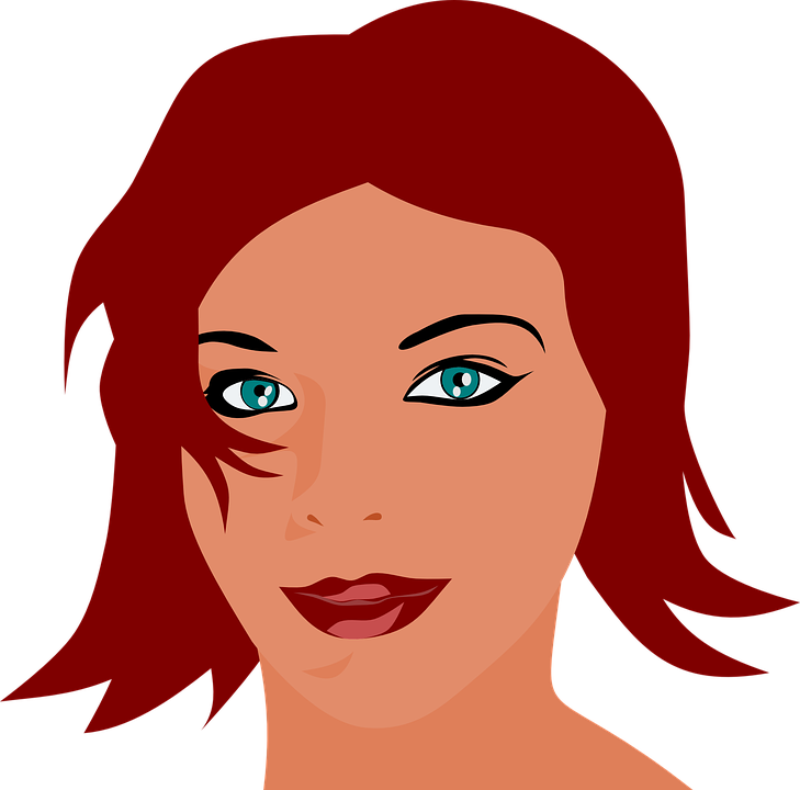 Woman, Red Hari, Face, Smile, Blue Eyes, Lipstick - Lady Blue Eyes Face Cartoon Clipart (729x720), Png Download