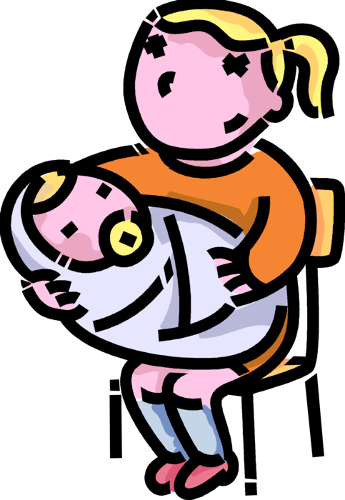 Sister With Newborn Vector - Girl Holding Baby Cartoon Clipart (483x700), Png Download