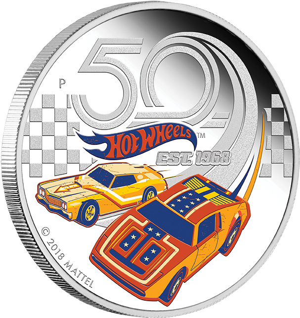 50 Years Of Hot Wheels 2018 Silver Proof Coin - Hot Wheels 50th Anniversary Display Case Clipart (624x652), Png Download