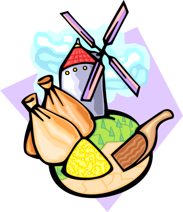 Vector Illustration Of Dutch Windmill With Fresh Dairy Clipart (606x700), Png Download