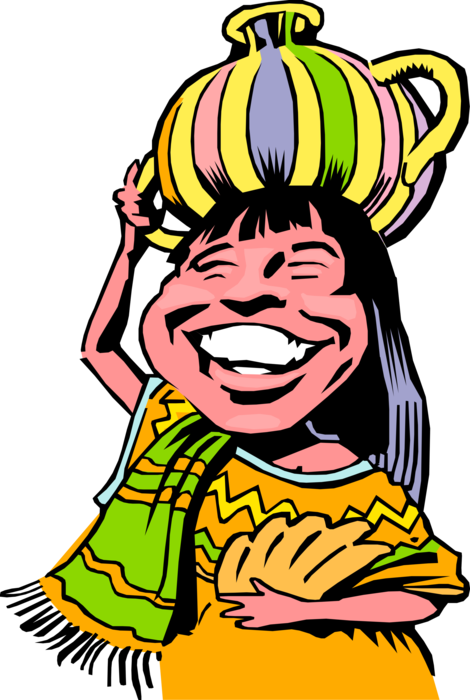Vector Illustration Of Native South American Girl Carries - Girl Carrying Water On Her Head Cartoon Clipart (470x700), Png Download