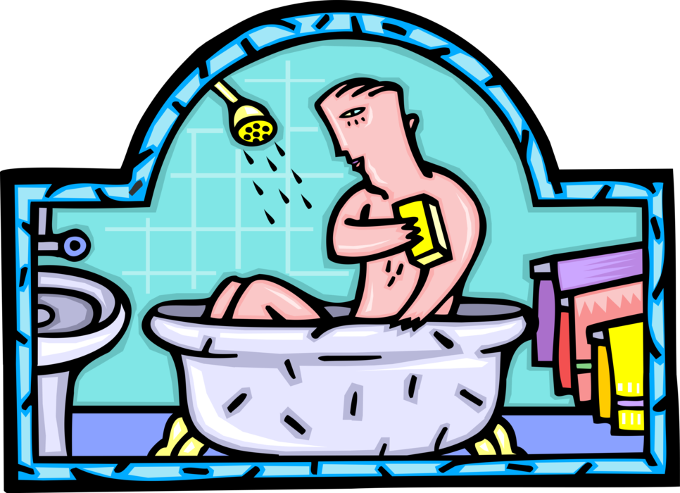 Vector Illustration Of Taking Bath And Bathing In Bathroom Clipart (966x700), Png Download