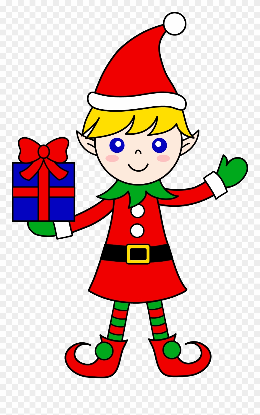 Cute Christmas Elf With Gift - Elf Cartoon Santa Clipart
