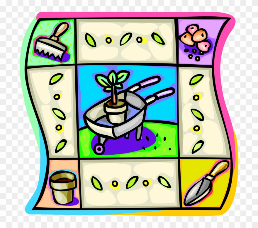 Vector Illustration Of Gardening Tools With Wheelbarrow, Clipart