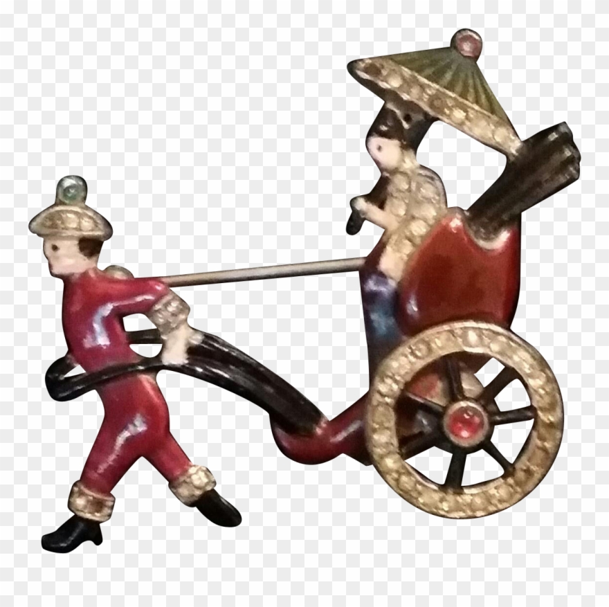 Vintage Signed Coro Enamel Rickshaw Brooch Pin - Figurine Clipart