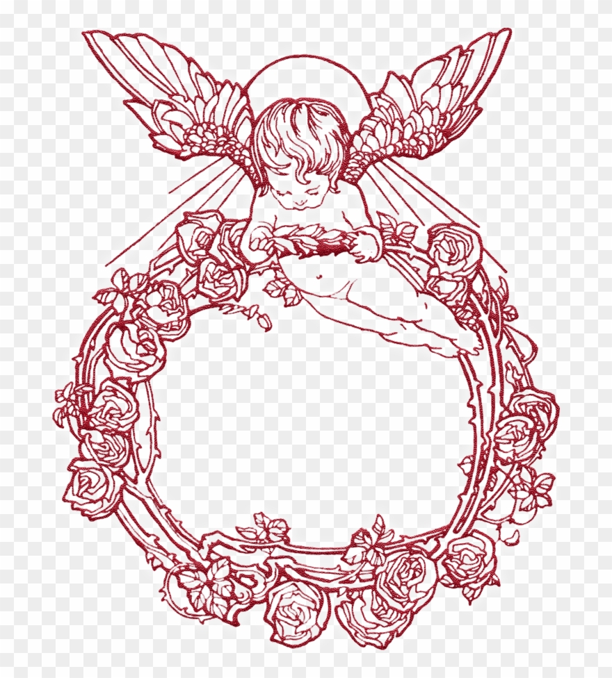 Cherub Rose Wreath Ex Libris - Free Download Angel Wings Frame Clipart