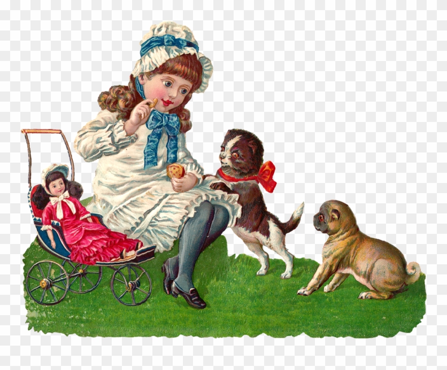Girl Playing With Dogs And Doll Digital Clip Art Clip - Girl Playing With 3 Dogs - Png Download