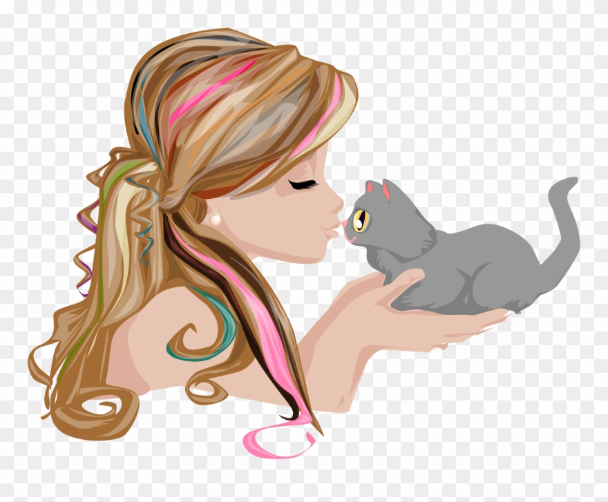 Big Image - Girl And Kitten Clipart - Png Download
