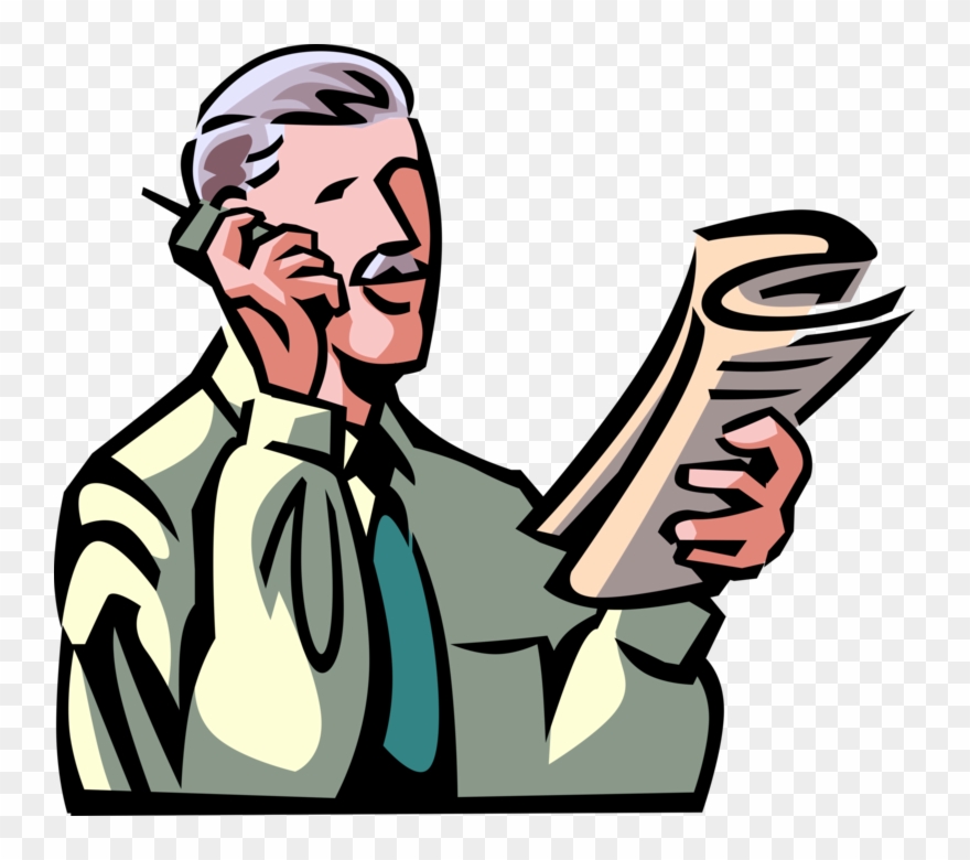 Vector Illustration Of Older Businessman Talks On Mobile - Cartoon Holding A News Paper Clipart