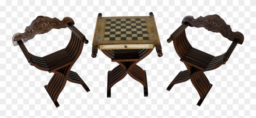Savonarola Chairs & Slatted Folding Table With Chess - Table Clipart