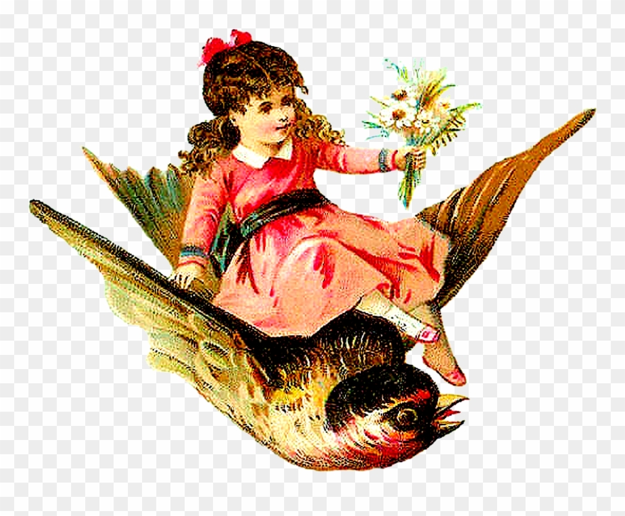 Antique Images Printable Animal Scrapbooking Bird And - Girl Riding On Bird Clipart