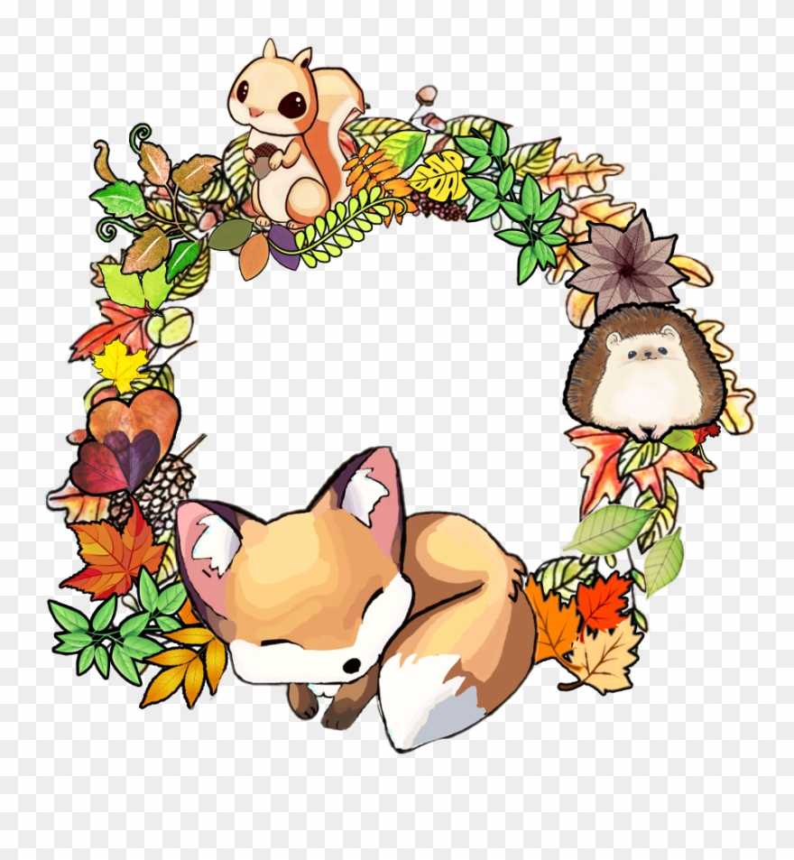 Fall Autumn Squirrel Fox Wreath Leaves - Cartoon Clipart