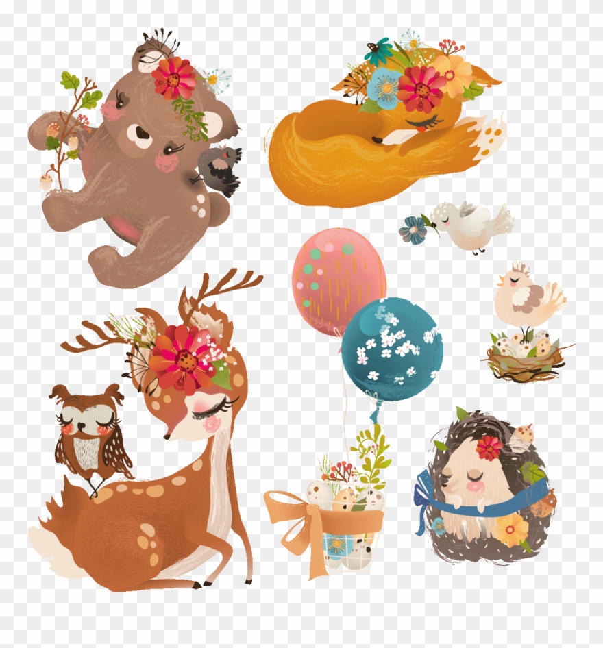 Sticker Animaux Scandinaves De La Foret Avec Les Fleurs Clipart