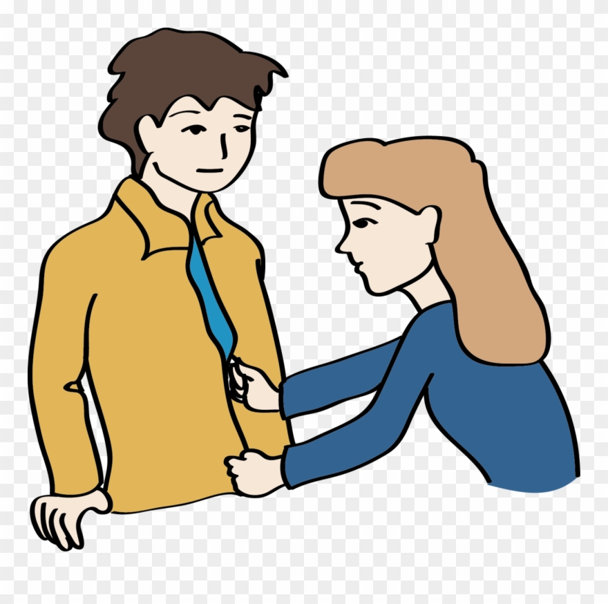 Eine Frau Hilft Einem Mann Seine Jacke Anzuziehen - Cartoon Clipart